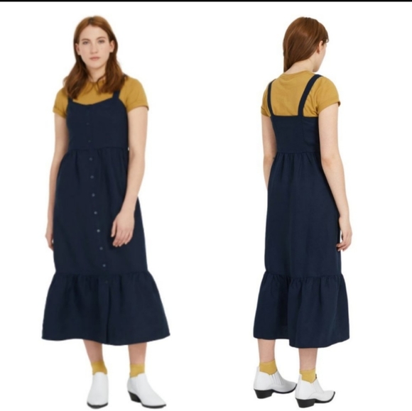 Frank and Oak Navy Blue Button Down Ruffle Sun Dress Sleeveless Size Medium - Picture 15 of 15